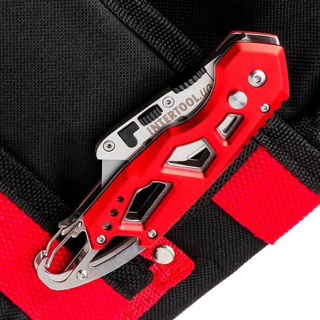 Ніж трапецієвидний 60*19мм складаний, SK5, алюмінієва ручка, карабін INTERTOOL HT-0531, фото , зображення 7 | SNABZHENIE.com.ua