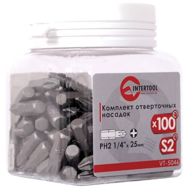 Набор бит PH2 1/4x25 мм, 100 шт. INTERTOOL VT-5046, фото  | SNABZHENIE.com.ua