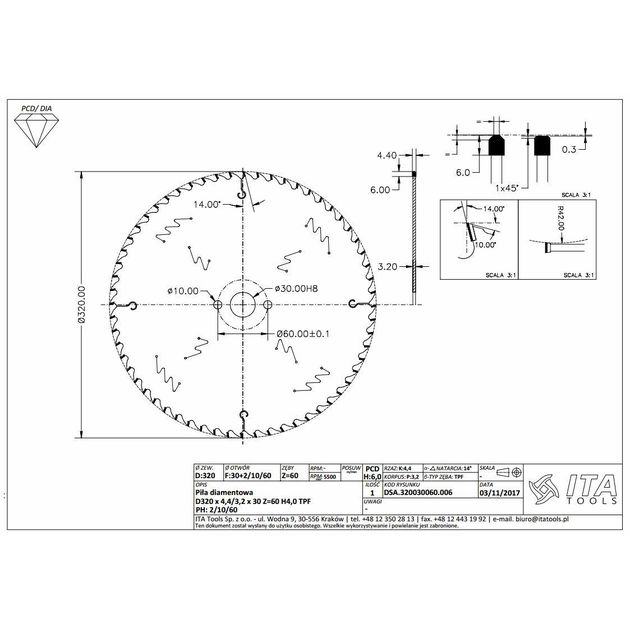 Диск пильный Ita Tools D=320 F=30 Z=60 K/P=4,4/3,2 H=6 FZ/FA/TR, фото  | SNABZHENIE.com.ua