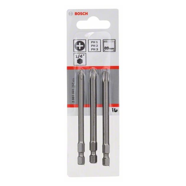 Набор бит для закручивания, 3 шт., Extra-Hart PH1; PH2; PH3; 89 мм BOSCH, фото , изображение 2 | SNABZHENIE.com.ua
