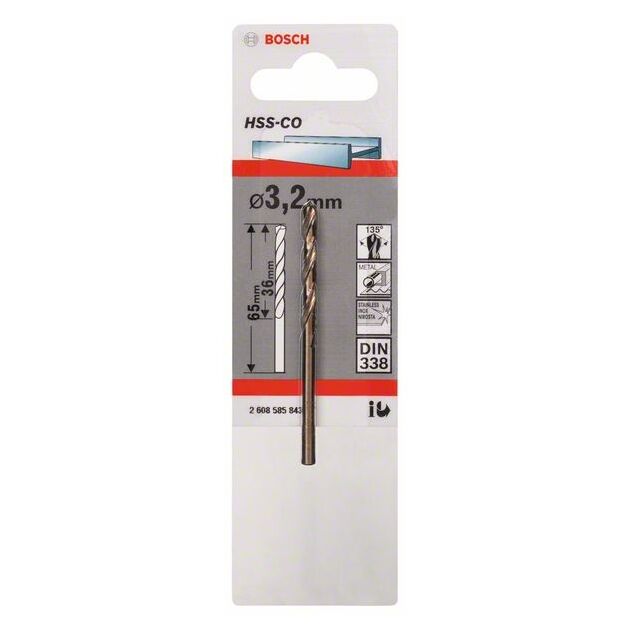 Сверло по металлу HSS-Co, DIN 338, 3,2 x 36 x 65 мм, BOSCH, фото , изображение 2 | SNABZHENIE.com.ua