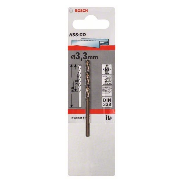 Свердла по металу HSS-Co, DIN 338, 3,3 x 36 x 65 мм BOSCH, фото , зображення 2 | SNABZHENIE.com.ua