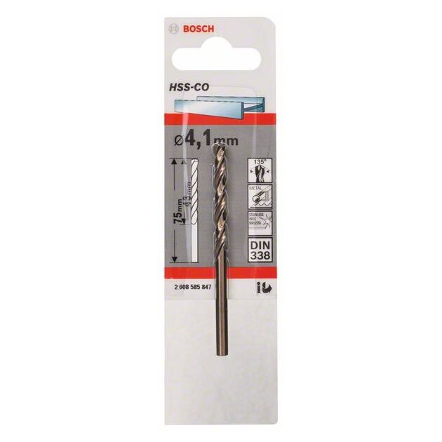 Сверло по металлу HSS-Co, DIN 338, 4,1 x 43 x 75 мм, BOSCH, фото , изображение 2 | SNABZHENIE.com.ua
