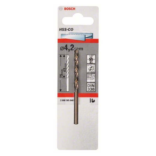 Свердла по металу зі швидкорізальної сталі HSS-Co, DIN 338 4,2 x 43 x 75 мм BOSCH, фото , зображення 2 | SNABZHENIE.com.ua