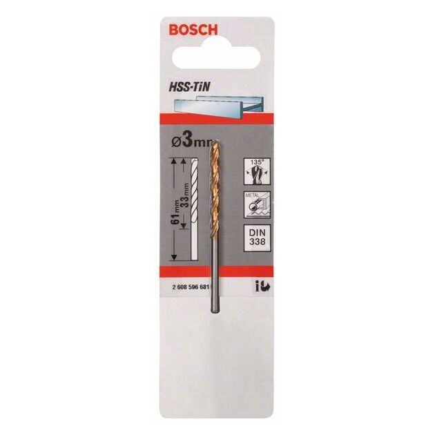 Свердло по металлу HSS-TiN, DIN 338, 3 x 33 x 61 мм BOSCH, фото , изображение 2 | SNABZHENIE.com.ua