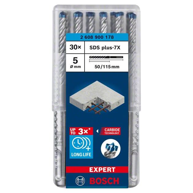 Ударное сверло EXPERT SDS plus-7X, 5x50x115 мм, 30 шт. BOSCH, фото , изображение 3 | SNABZHENIE.com.ua