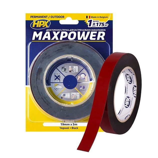 MAXPOWER OUTDOOR - 19мм х 5м - чорна двостороння стрічка HPX (скотч) для екстремальних навантажень, фото  | SNABZHENIE.com.ua