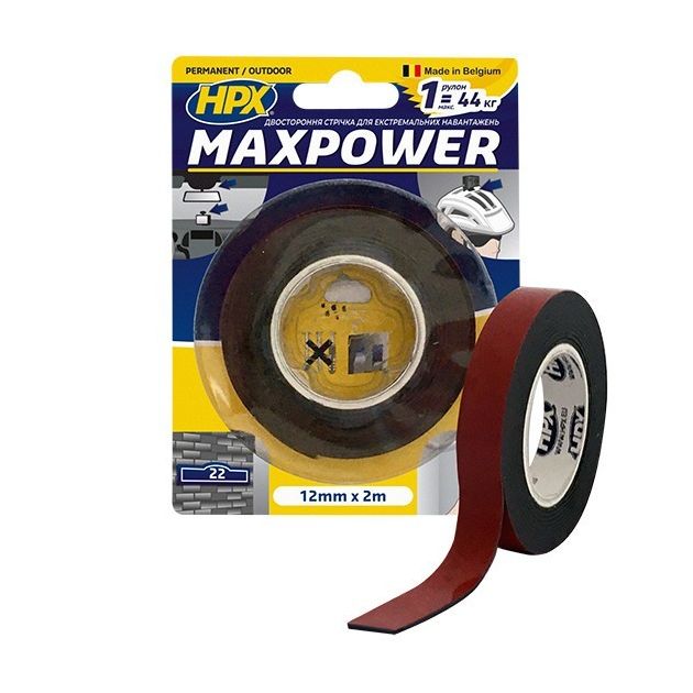 MAXPOWER OUTDOOR - 12мм х 2м - чорна двостороння стрічка HPX (скотч) для екстремальних навантажень, фото  | SNABZHENIE.com.ua