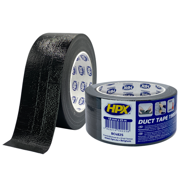 Армированная клейкая лента HPX Duct Tape Universal 1900, 48мм х 25м, черная, фото  | SNABZHENIE.com.ua