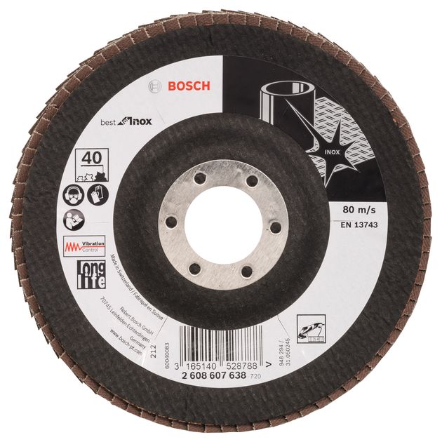 Шлифкруг лепестковый 125x22,2 мм K40 угловой BOSCH для Inox, фото  | SNABZHENIE.com.ua