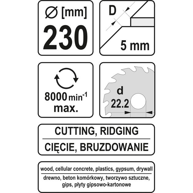 Диск-фреза YATO 230x5x22,2 мм для древесины, ПВХ, гипса (YT-59163), фото , изображение 4 | SNABZHENIE.com.ua