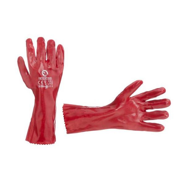Маслостойкая перчатка х/б с PVC, 35см (красная) 120пар/ящик INTERTOOL, фото  | SNABZHENIE.com.ua