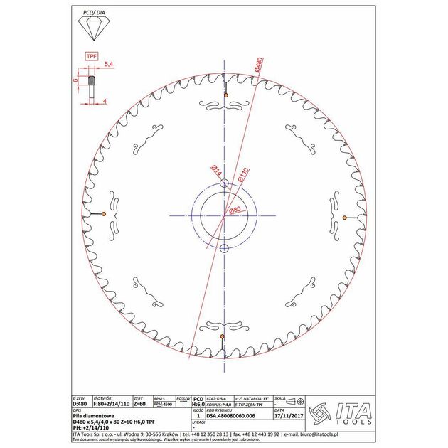 Диск пильний DSA.Sawblade D=480 F= 80 Z= 60 K/P=5,4/4,0 H=6 TPF PH: +2/14/110 Ita Tools, фото , зображення 2 | SNABZHENIE.com.ua