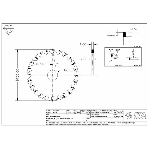 Диск пильний DSR.Sawblade DIA D=100 F=20 Z=24 K/P=4,0/3,0 H=6,0 FP PH: - Ita Tools, фото , зображення 2 | SNABZHENIE.com.ua