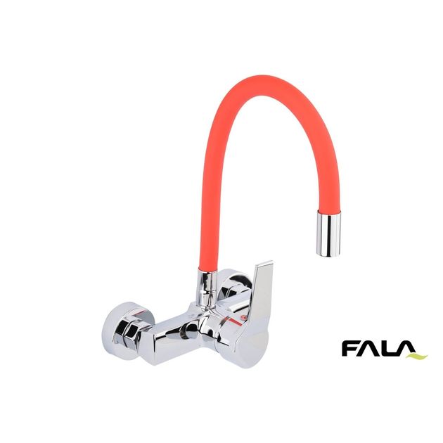 Смеситель настенный FLEXIBLE FALA с гибким красным душем, фото  | SNABZHENIE.com.ua