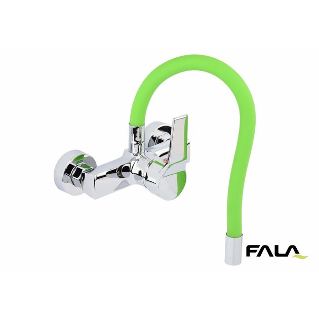 Смеситель настенный FLEXIBLE FALA с гибким зеленым душем, фото  | SNABZHENIE.com.ua