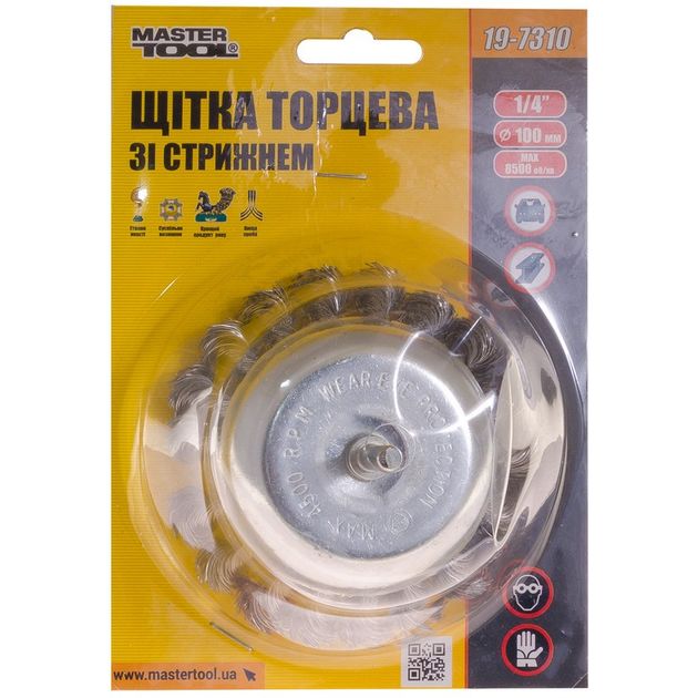 Щітка торцева MASTERTOOL з плетеної проволоки 100 мм зі стержнем 1/4 19-7310, фото , зображення 2 | SNABZHENIE.com.ua