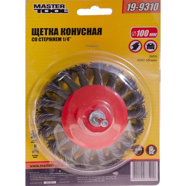 Щітка конусна MASTERTOOL з плетеної проволоки 100 мм зі стержнем 1/4 19-9310, фото , зображення 2 | SNABZHENIE.com.ua