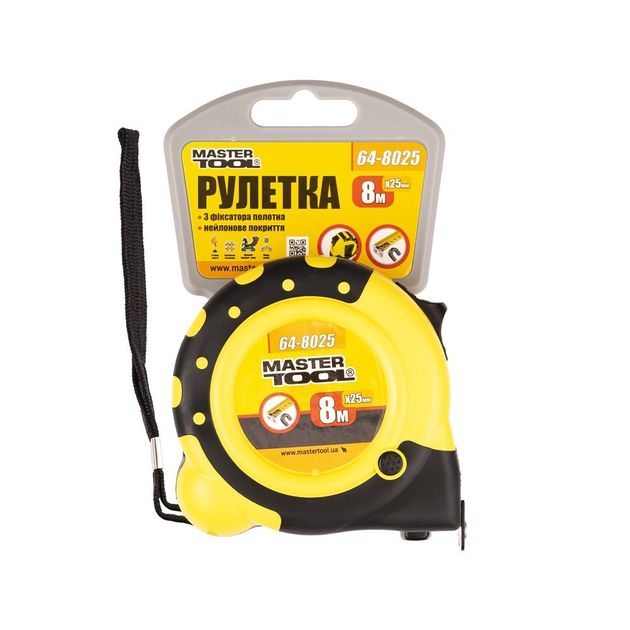 Рулетка MASTERTOOL 8 м с магнитами, нейлоновое покрытие 64-8025, фото , изображение 2 | SNABZHENIE.com.ua