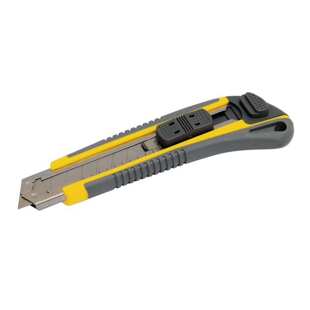 Нож MASTERTOOL АВТОМАТ 18 мм, 3 лезвия, кнопочный фиксатор, фото  | SNABZHENIE.com.ua