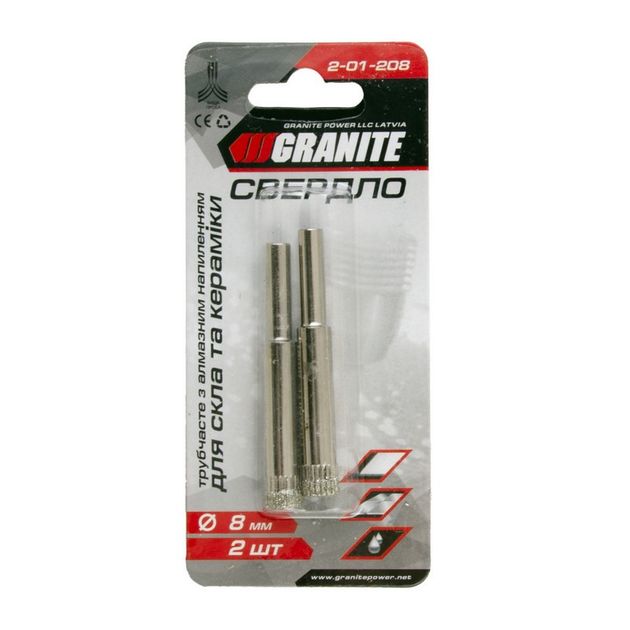 Сверло трубчатое GRANITE 8 мм с алмазным напылением для стекла и плитки, 2 шт., фото , изображение 2 | SNABZHENIE.com.ua