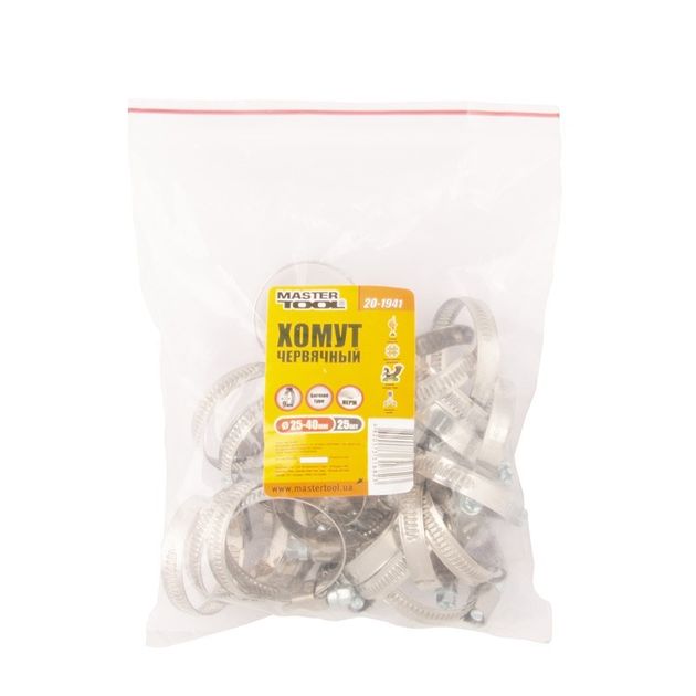 Хомут черв'ячний нержавіючий MASTERTOOL тип German 9.0 мм Ø25-40 мм 25 шт 20-1941, фото , зображення 2 | SNABZHENIE.com.ua Хомут черв'ячний нержавіючий MASTERTOOL тип German 9.0 мм Ø25-40 мм 25 шт 20-1941, фото , зображення 2 | SNABZHENIE.com.ua