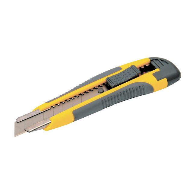 Ніж MASTERTOOL 18 мм ABS пластик TPR покриття з металевою направляючою, кнопковий фіксатор, 3 леза 17-0119, фото  | SNABZHENIE.com.ua