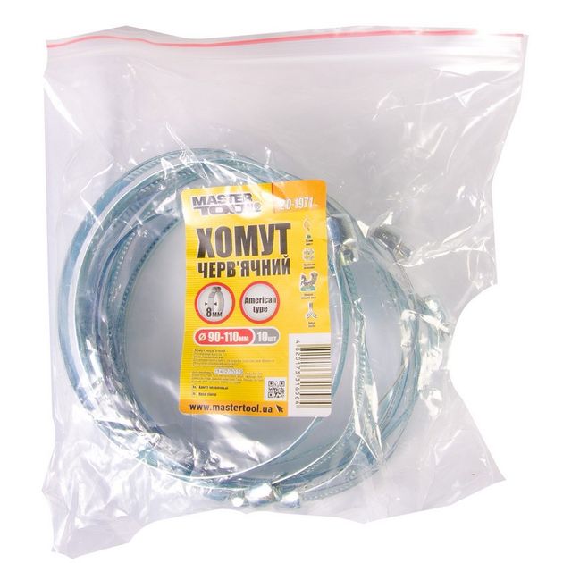 Хомут червячний оцинкований MASTERTOOL American type 8.0 мм Ø90-110 мм 10 шт 20-1971, фото , зображення 2 | SNABZHENIE.com.ua Хомут червячний оцинкований MASTERTOOL American type 8.0 мм Ø90-110 мм 10 шт 20-1971, фото , зображення 2 | SNABZHENIE.com.ua