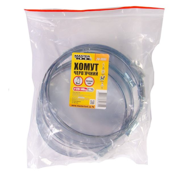 Хомут червячний оцинкований MASTERTOOL німецького типу 9.0 мм Ø120-140 мм 10 шт 20-1991, фото , зображення 2 | SNABZHENIE.com.ua