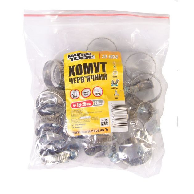 Хомут червячний нержавіючий MASTERTOOL тип German 9.0 мм Ø16-25 мм 25 шт 20-1938, фото , зображення 2 | SNABZHENIE.com.ua Хомут червячний нержавіючий MASTERTOOL тип German 9.0 мм Ø16-25 мм 25 шт 20-1938, фото , зображення 2 | SNABZHENIE.com.ua