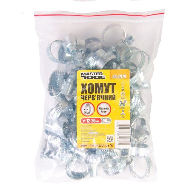 Хомут червячний оцинкований MASTERTOOL German type 9.0 мм Ø12-20 мм 50 шт 20-1978, фото , зображення 2 | SNABZHENIE.com.ua Хомут червячний оцинкований MASTERTOOL German type 9.0 мм Ø12-20 мм 50 шт 20-1978, фото , зображення 2 | SNABZHENIE.com.ua