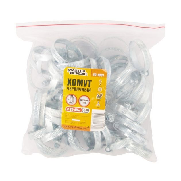 Хомут червячний оцинкований MASTERTOOL German type 9.0 мм Ø25-40 мм 50 шт 20-1981, фото , зображення 2 | SNABZHENIE.com.ua Хомут червячний оцинкований MASTERTOOL German type 9.0 мм Ø25-40 мм 50 шт 20-1981, фото , зображення 2 | SNABZHENIE.com.ua