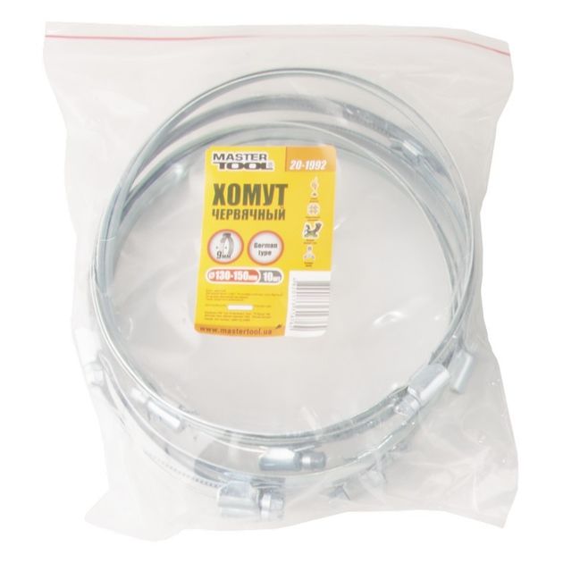 Хомут червячний оцинкований MASTERTOOL German type 9.0 мм Ø130-150 мм 10 шт 20-1992, фото , зображення 2 | SNABZHENIE.com.ua