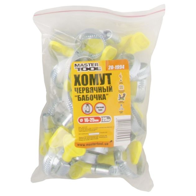 Хомут червячний оцинкований MASTERTOOL Бабочка German type 9.0 мм Ø16-25 мм 25 шт 20-1994, фото , зображення 2 | SNABZHENIE.com.ua Хомут червячний оцинкований MASTERTOOL Бабочка German type 9.0 мм Ø16-25 мм 25 шт 20-1994, фото , зображення 2 | SNABZHENIE.com.ua