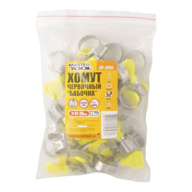 Хомут червячний нержавіючий MASTERTOOL Бабочка German type 9.0 мм Ø12-20 мм 25 шт 20-1996, фото , зображення 2 | SNABZHENIE.com.ua Хомут червячний нержавіючий MASTERTOOL Бабочка German type 9.0 мм Ø12-20 мм 25 шт 20-1996, фото , зображення 2 | SNABZHENIE.com.ua