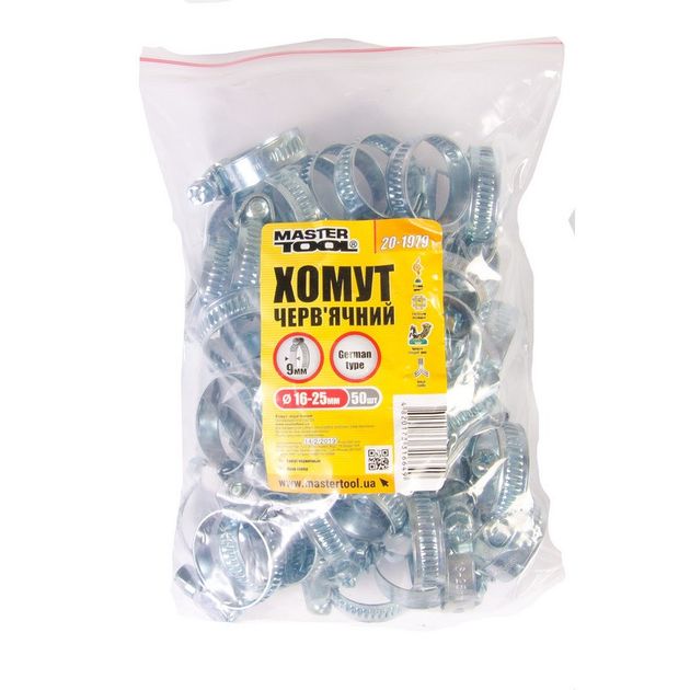 Хомут червячний оцинкований MASTERTOOL German type 9.0 мм Ø16-25 мм 50 шт 20-1979, фото , зображення 2 | SNABZHENIE.com.ua Хомут червячний оцинкований MASTERTOOL German type 9.0 мм Ø16-25 мм 50 шт 20-1979, фото , зображення 2 | SNABZHENIE.com.ua