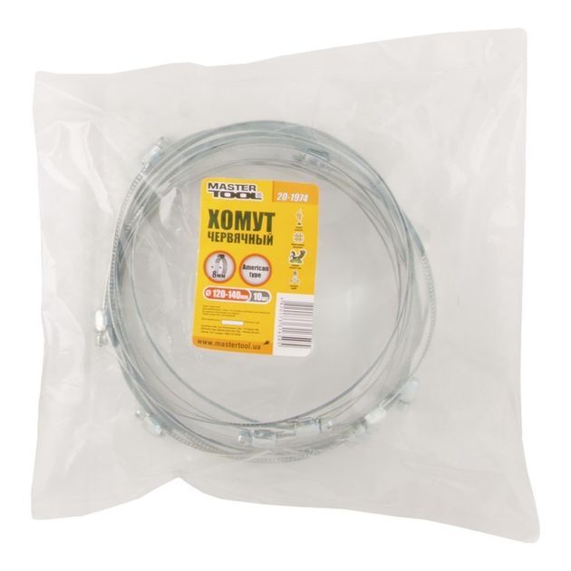 Хомут червячний оцинкований MASTERTOOL American type 8.0 мм Ø120-140 мм 10 шт 20-1974, фото , зображення 2 | SNABZHENIE.com.ua Хомут червячний оцинкований MASTERTOOL American type 8.0 мм Ø120-140 мм 10 шт 20-1974, фото , зображення 2 | SNABZHENIE.com.ua