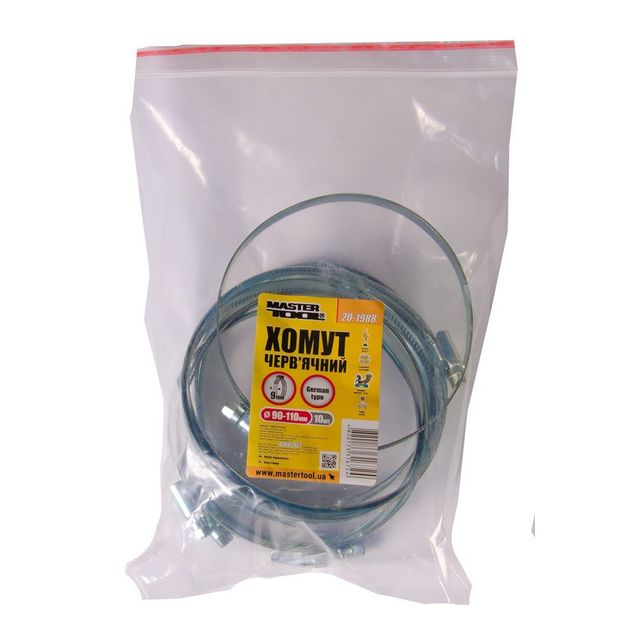 Хомут червячний оцинкований MASTERTOOL German type 9.0 мм Ø90-110 мм 10 шт 20-1988, фото , зображення 2 | SNABZHENIE.com.ua