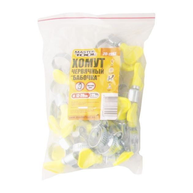Хомут червячний оцинкований MASTERTOOL Бабочка German type 9.0 мм Ø12-20 мм 25 шт 20-1993, фото , зображення 2 | SNABZHENIE.com.ua