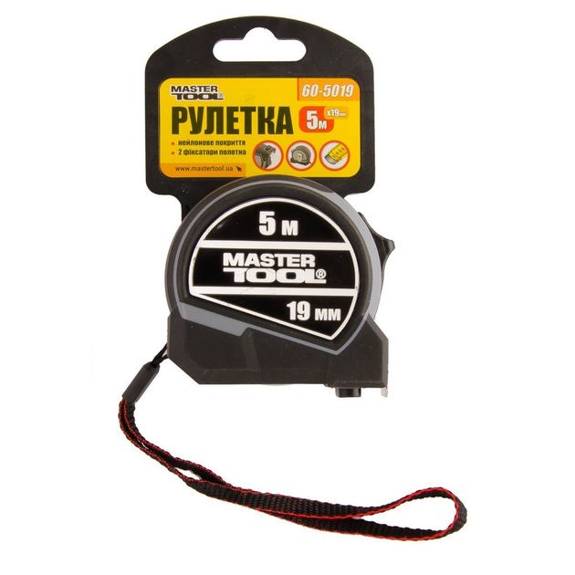 Рулетка MASTERTOOL 5 м 19 мм, 2 фиксатора, нейлоновое покрытие, фото , изображение 2 | SNABZHENIE.com.ua