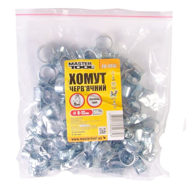 Хомут червячний оцинкований MASTERTOOL German type 9.0 мм Ø8-12 мм 50 шт 20-1976, фото , зображення 2 | SNABZHENIE.com.ua