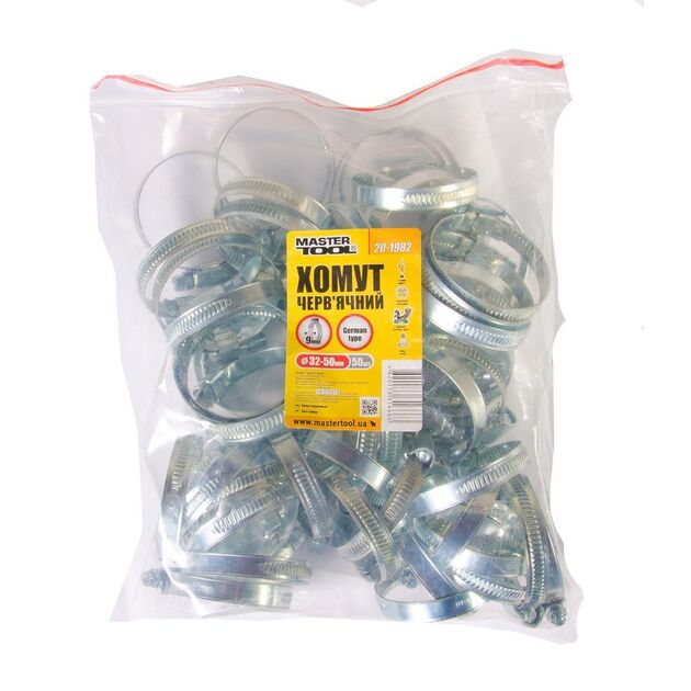 Хомут червячний оцинкований MASTERTOOL німецького типу 9.0 мм Ø32-50 мм 50 шт 20-1982, фото , зображення 2 | SNABZHENIE.com.ua Хомут червячний оцинкований MASTERTOOL німецького типу 9.0 мм Ø32-50 мм 50 шт 20-1982, фото , зображення 2 | SNABZHENIE.com.ua