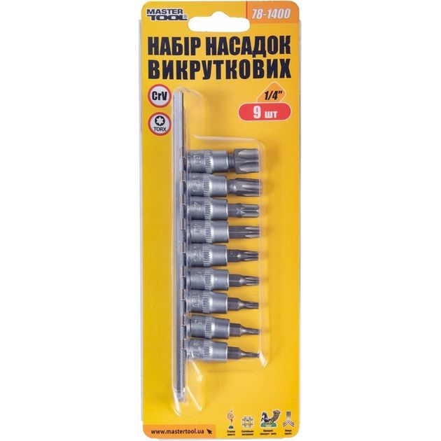 Набір насадок отверточних MASTERTOOL CRV 1/4 TORX 9 шт (Т10/15/20/27/30/40/45/50/60) 78-1400, фото , зображення 2 | SNABZHENIE.com.ua Набір насадок отверточних MASTERTOOL CRV 1/4 TORX 9 шт (Т10/15/20/27/30/40/45/50/60) 78-1400, фото , зображення 2 | SNABZHENIE.com.ua