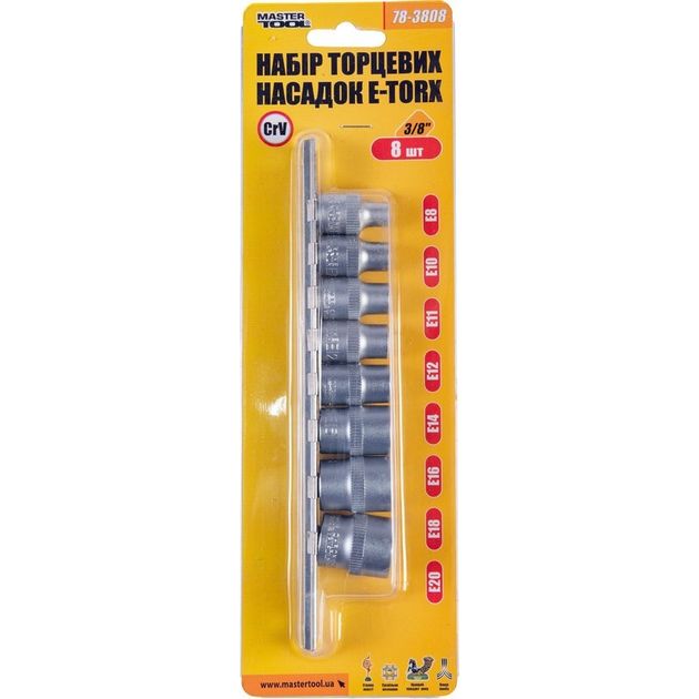 Набор насадок MASTERTOOL E-TORX 3/8 E8-E20 8 шт 78-3808, фото , изображение 2 | SNABZHENIE.com.ua Набор насадок MASTERTOOL E-TORX 3/8 E8-E20 8 шт 78-3808, фото , изображение 2 | SNABZHENIE.com.ua