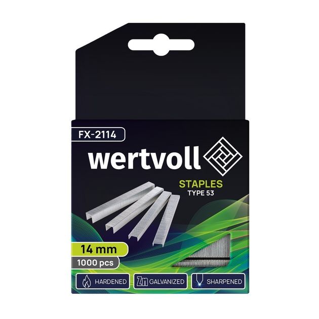 Скоби загартовані WERTVOLL R53 14 мм/11.3х0.75 мм 1000 шт FX-2114, фото , зображення 2 | SNABZHENIE.com.ua Скоби загартовані WERTVOLL R53 14 мм/11.3х0.75 мм 1000 шт FX-2114, фото , зображення 2 | SNABZHENIE.com.ua
