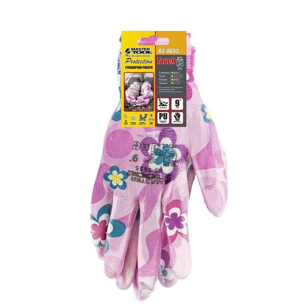 Перчатки трикотажные MASTERTOOL Фиалка с полиуретановым покрытием 9 17-20 г, фото , изображение 2 | SNABZHENIE.com.ua