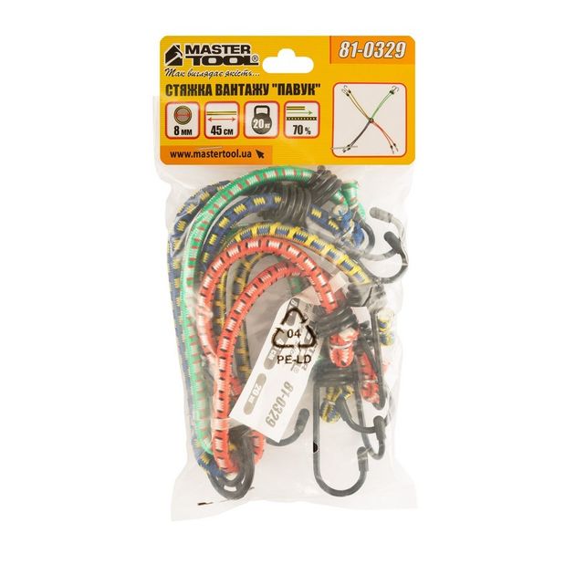 Стяжка груза MASTERTOOL Паук резиновая 8 мм 45 см 8 крюків 81-0329, фото , зображення 5 | SNABZHENIE.com.ua