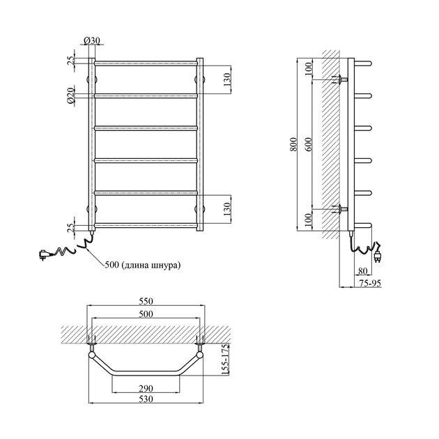 Полотенцесушитель електричний Kroner Трапеція ДТ10EL 800x500/6 EL, фото , зображення 2 | SNABZHENIE.com.ua