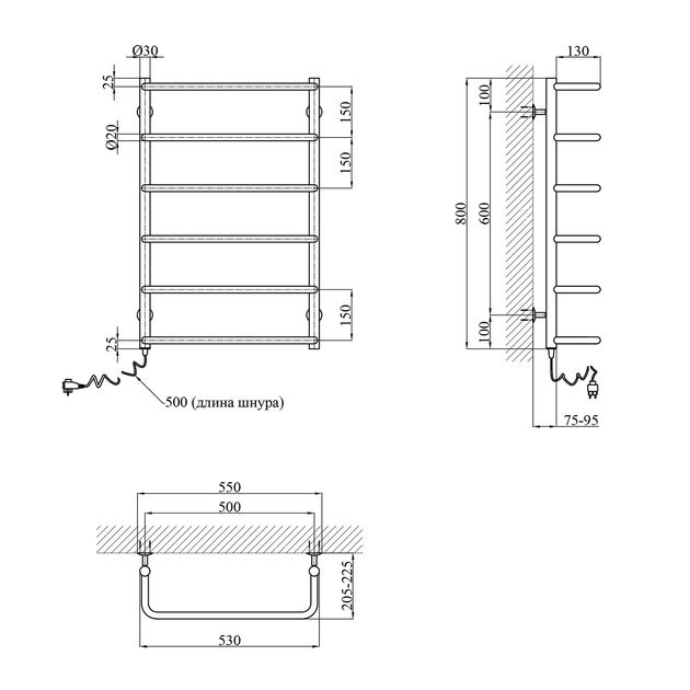 Полотенцесушитель електричний Kroner Скоба ДС10EL 800х500/6 EL, фото , зображення 2 | SNABZHENIE.com.ua