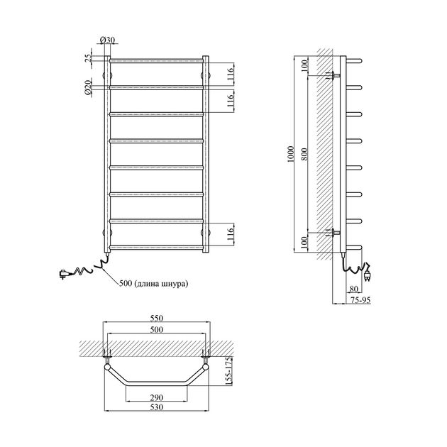 Полотенцесушитель електричний Kroner Трапеція ДТ18EL 1000х500/8 EL, фото , зображення 2 | SNABZHENIE.com.ua
